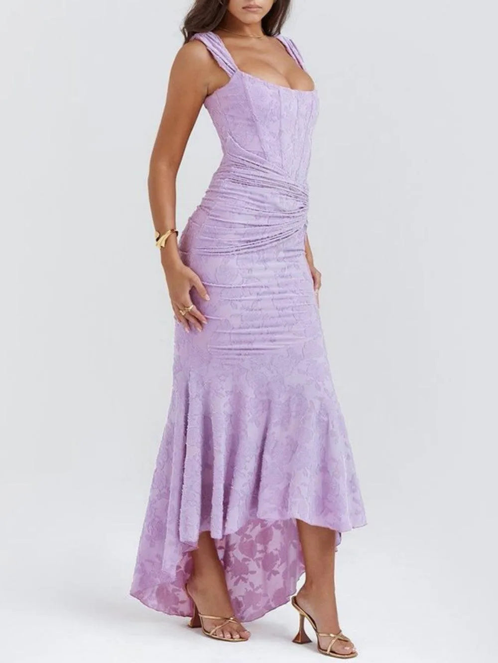 Women's corset-style fishtail maxi dress, lilac, front view