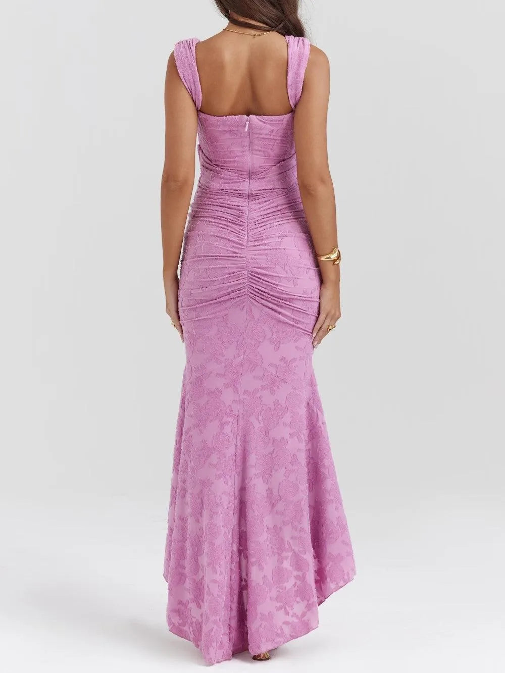 Women's corset-style fishtail maxi dress, pink, back view