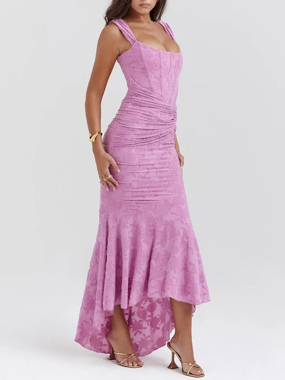Women's corset-style fishtail maxi dress, pink, front view