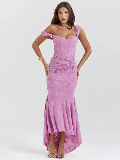 Women's corset-style fishtail maxi dress, purple, front view
