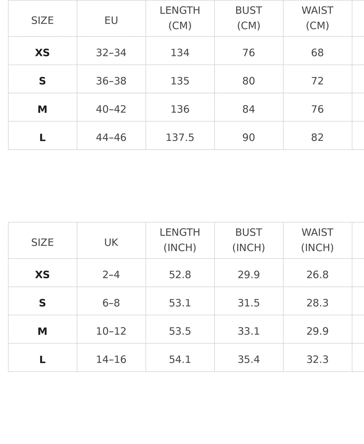 Size chart for the corset-style fishtail maxi dress with off-shoulder straps
