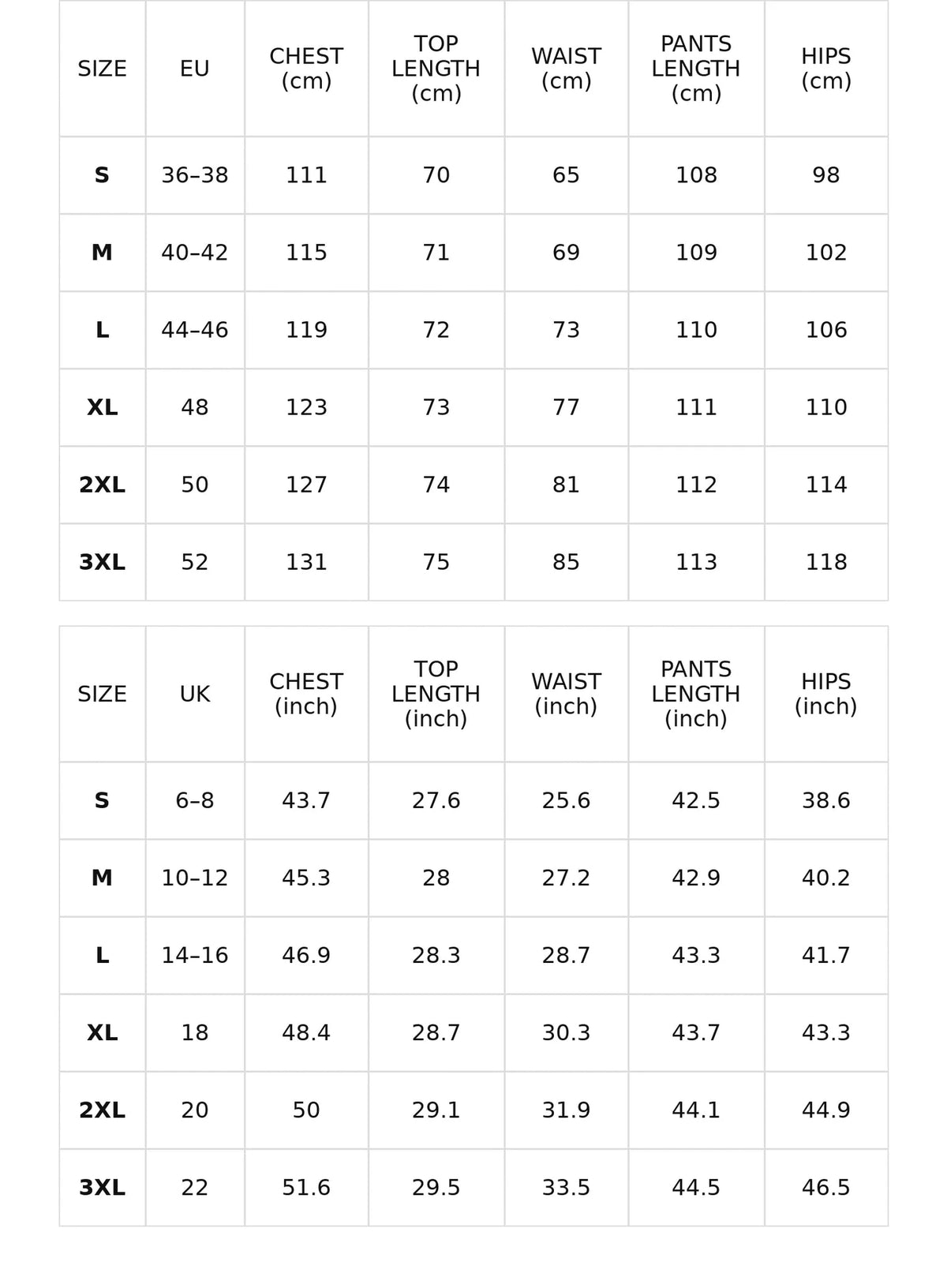 Size chart for cozy v-neck sweater and wide-leg pants set