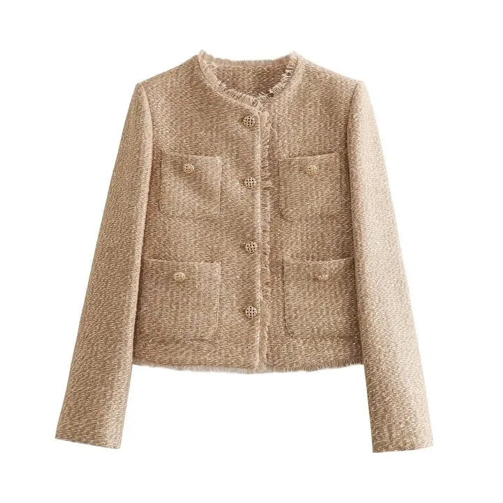 Women's cropped boxy beige jacket with gold-tone buttons, front product view