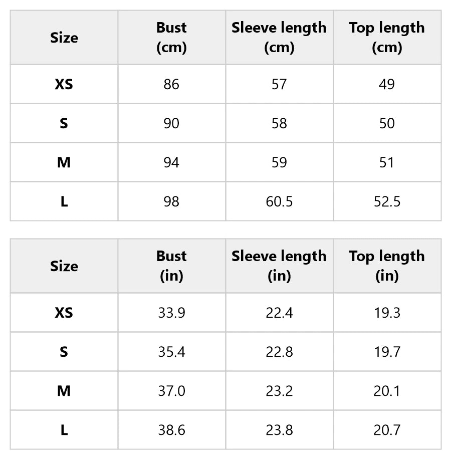 Size chart for the cropped boxy jacket with gold-tone buttons