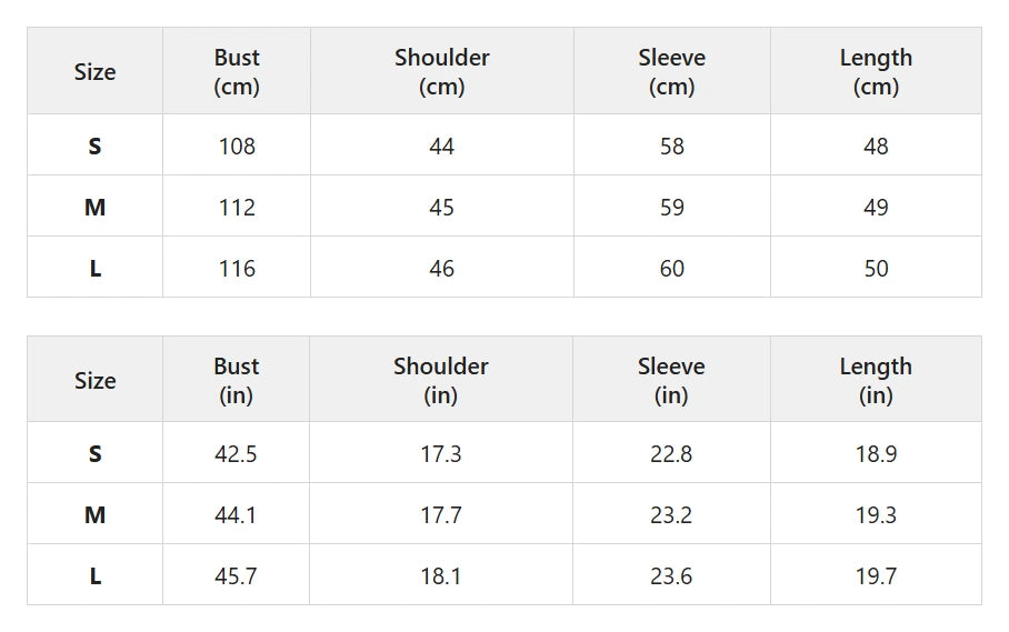 Size chart for cropped horizontal-panel plush coat