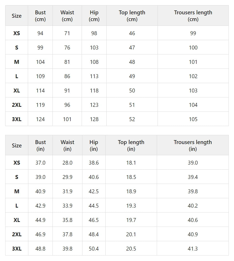 Size chart for cropped jacket and wide-leg trousers set