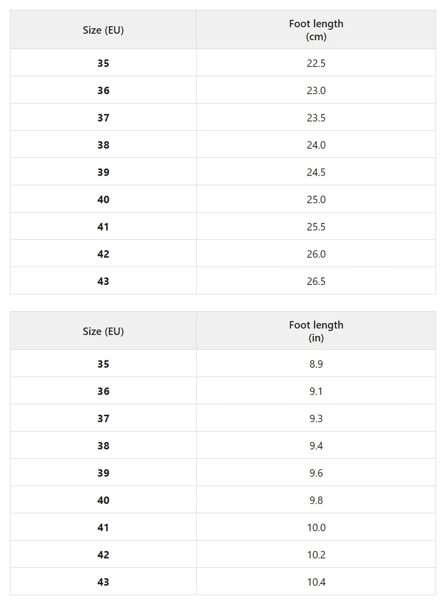 Size chart for cross-strap block heel pumps