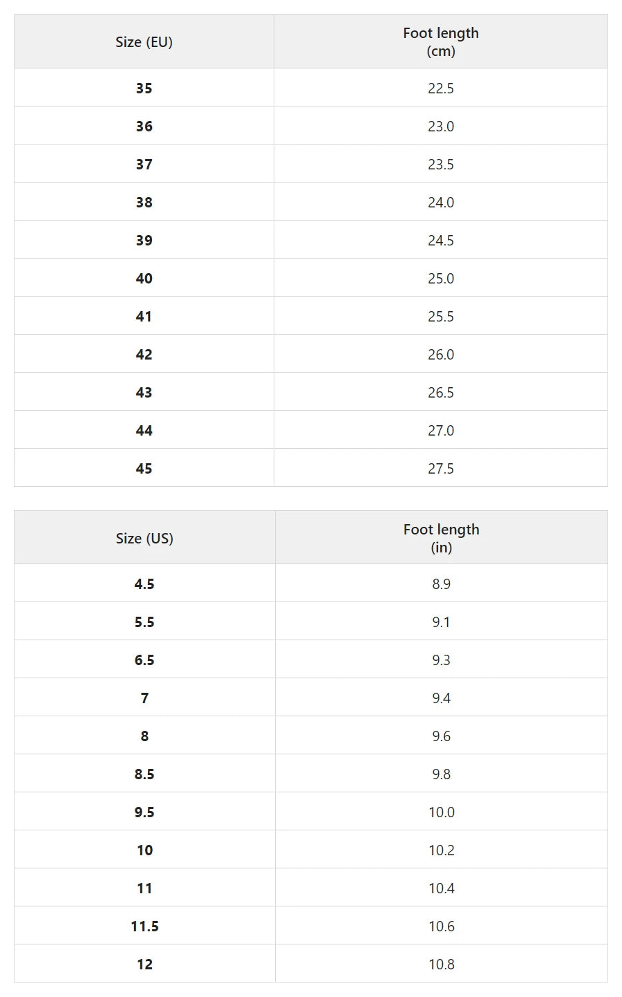 Size chart for cross-strap block heel pumps