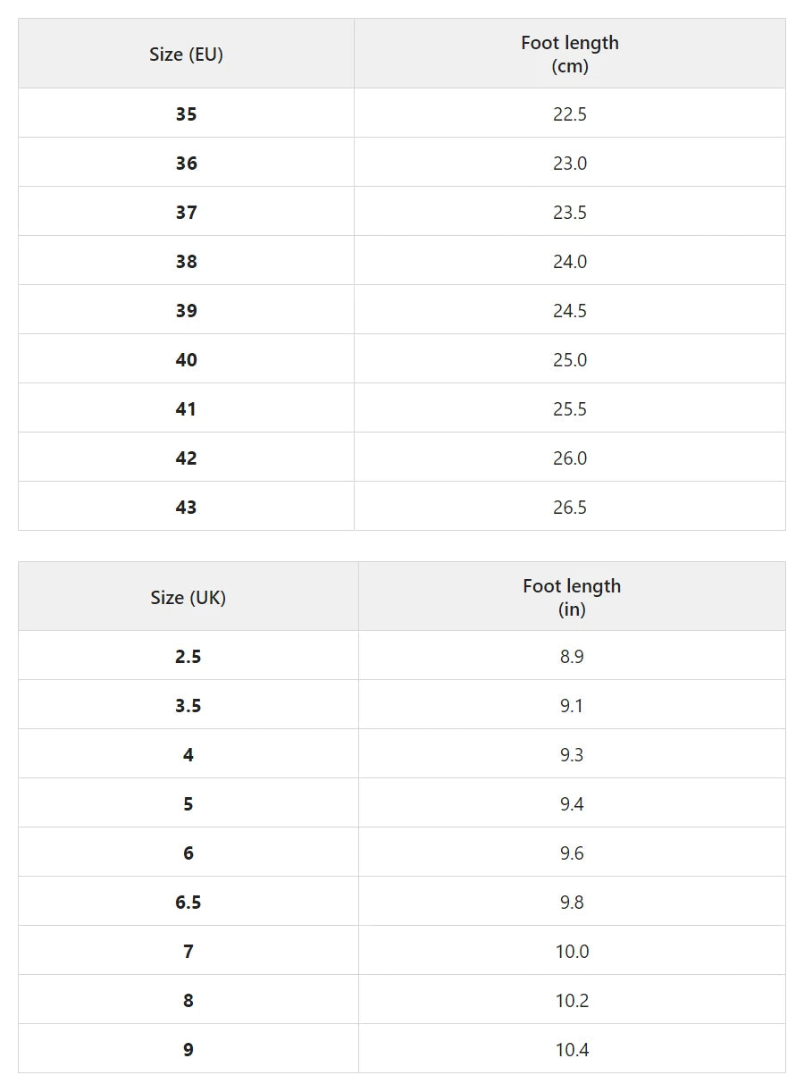 Size chart for cross-strap block heel pumps