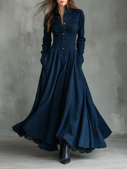 Dark blue gothic faux suede maxi dress with lace details, front view