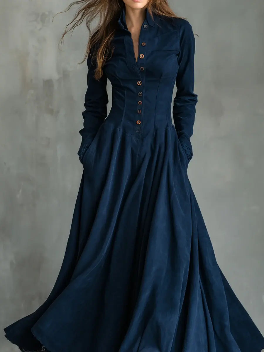 Dark blue faux suede dress shirt collar and lace top detail
