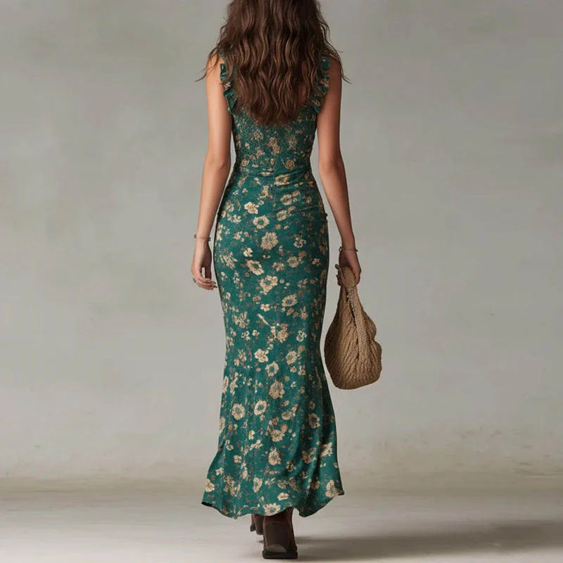 Women's ditsy floral maxi dress with high side slit, green, back view