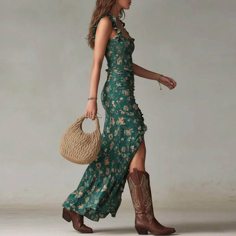 Women's ditsy floral maxi dress with high side slit, green, side view