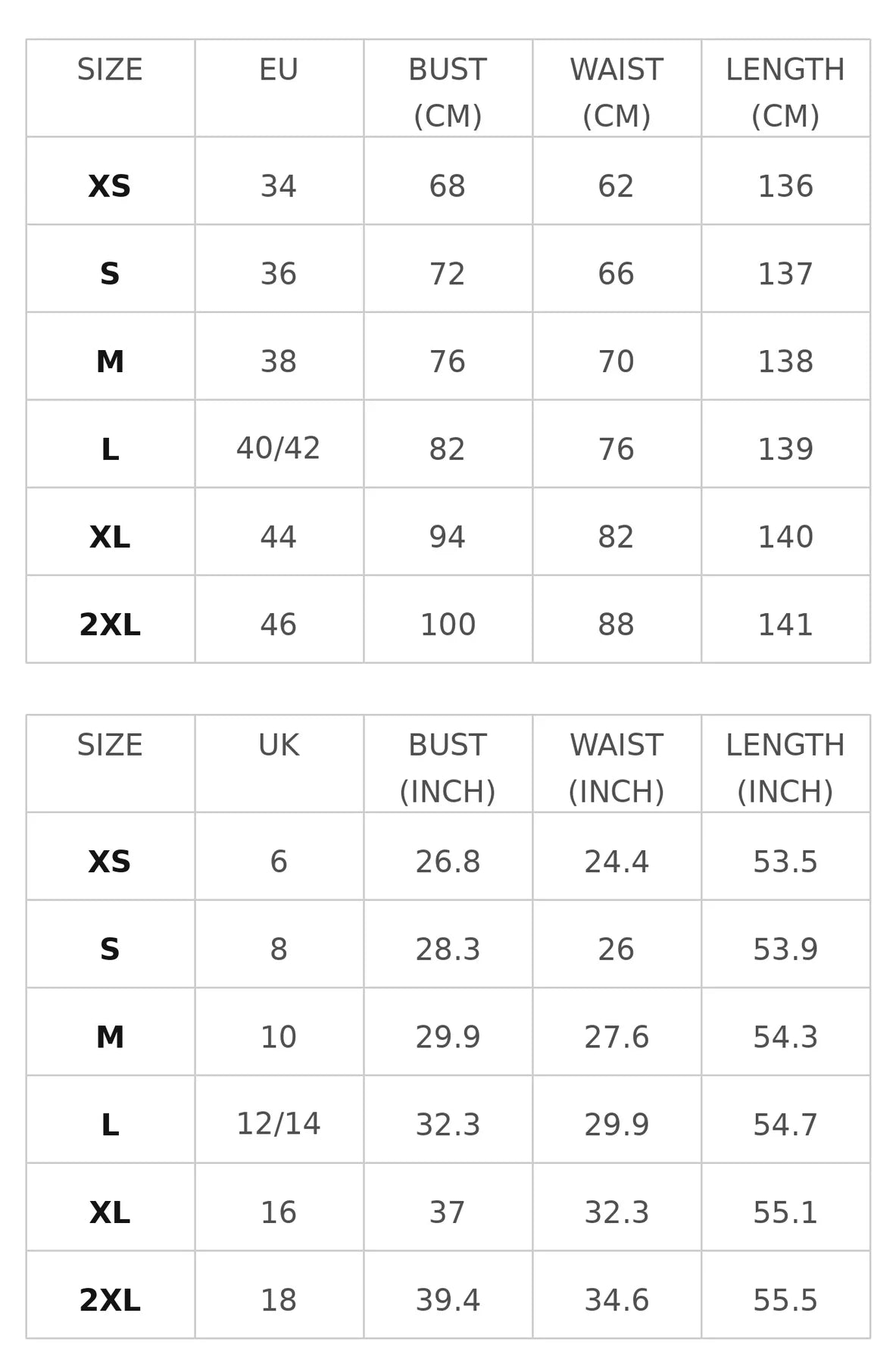 Size chart for the ditsy floral maxi dress with high side slit
