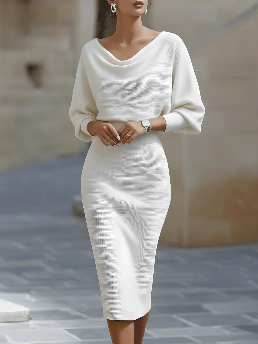 White draped neckline midi dress with batwing sleeves