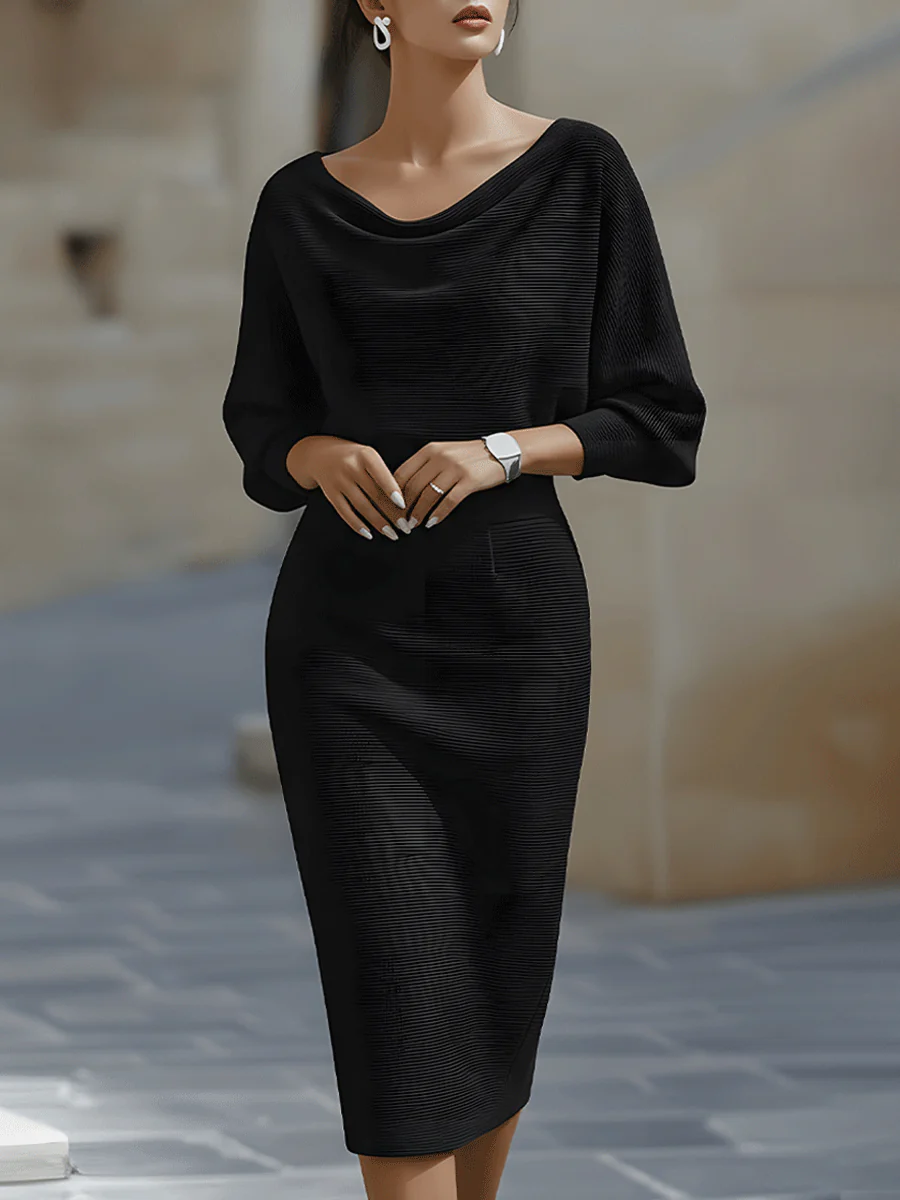 Black draped neckline batwing-sleeve midi dress
