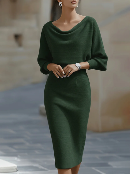 Green draped neckline batwing-sleeve midi dress