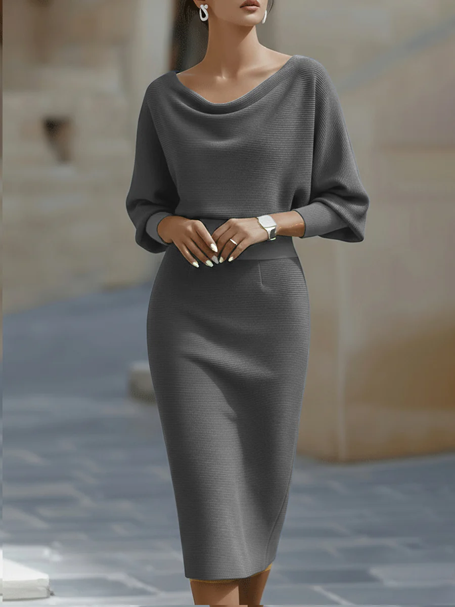 Gray draped neckline midi dress with pencil skirt