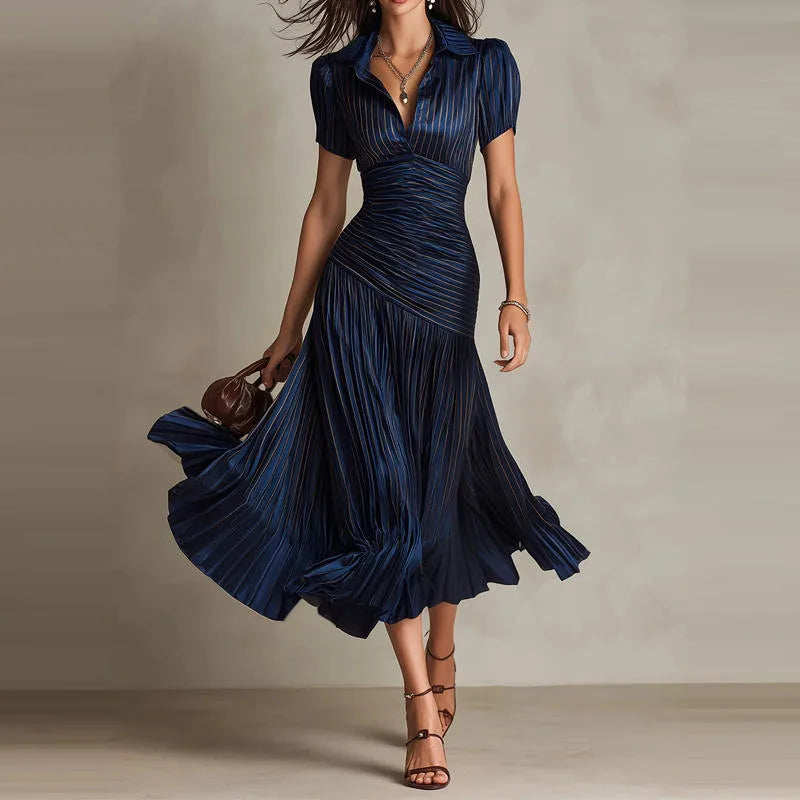 Women's draped pleated midi dress with shirt collar, blue, front view