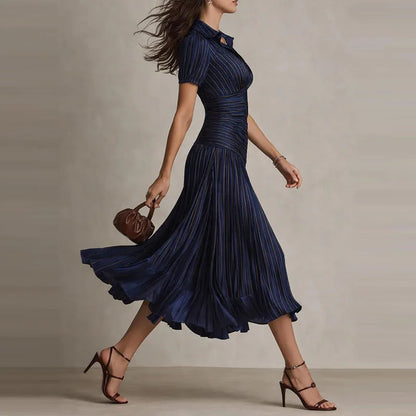 Women's draped pleated midi dress with shirt collar, blue, skirt in motion