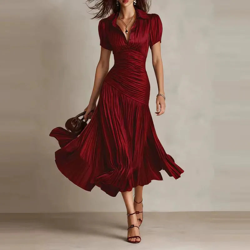 Women's draped pleated midi dress with shirt collar, red, front view