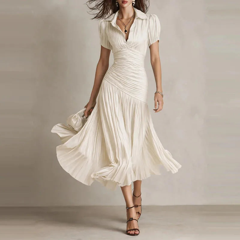 Women's draped pleated midi dress with shirt collar, white, front view