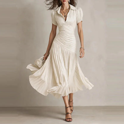 Women's draped pleated midi dress with shirt collar, white, front view