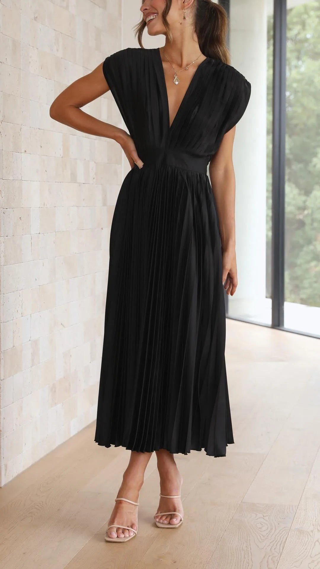 Women's draped V-neck pleated midi dress with cap sleeves, black, front view