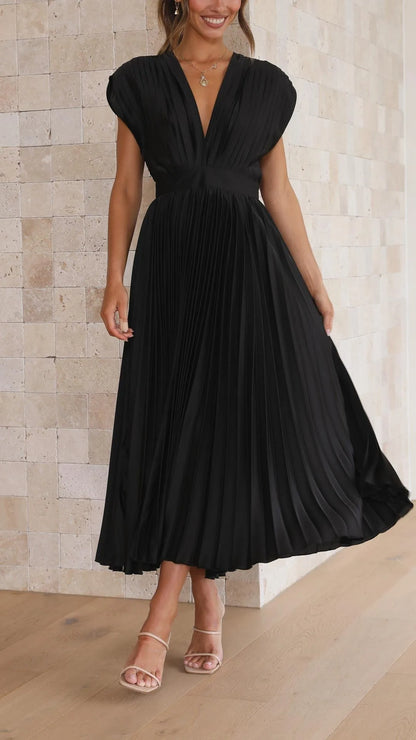 Women's draped V-neck pleated midi dress with cap sleeves, black, front view