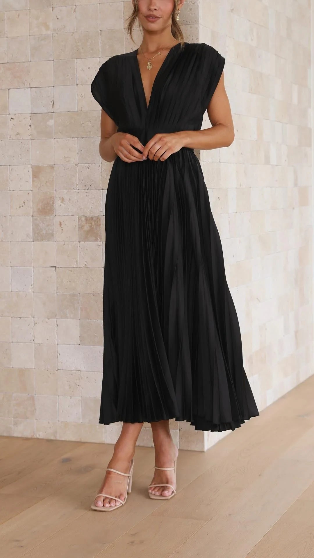 Women's draped V-neck pleated midi dress with cap sleeves, black, front view