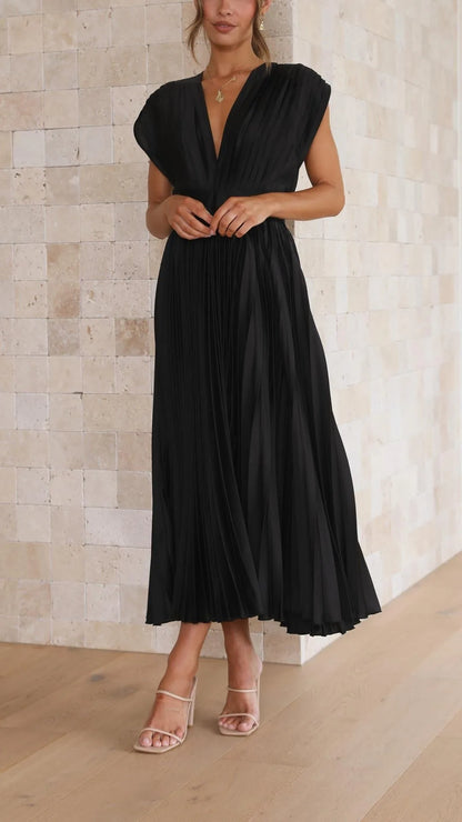 Women's draped V-neck pleated midi dress with cap sleeves, black, front view