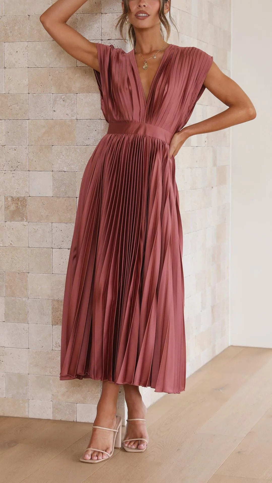 Women's draped V-neck pleated midi dress with cap sleeves, dusty rose, front view