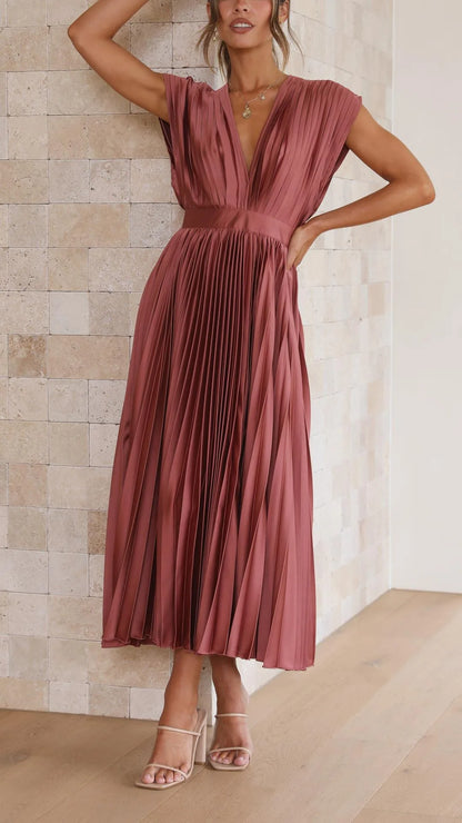 Women's draped V-neck pleated midi dress with cap sleeves, dusty rose, front view