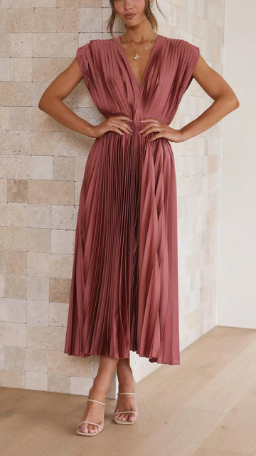 Women's draped V-neck pleated midi dress with cap sleeves, dusty rose, front view