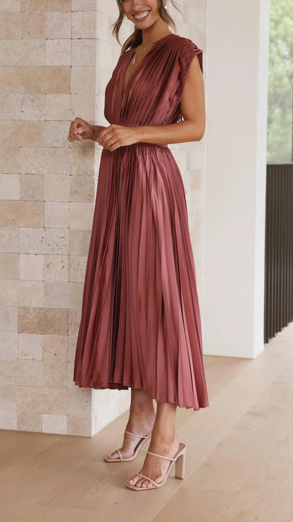 Women's draped V-neck pleated midi dress with cap sleeves, dusty rose, side view