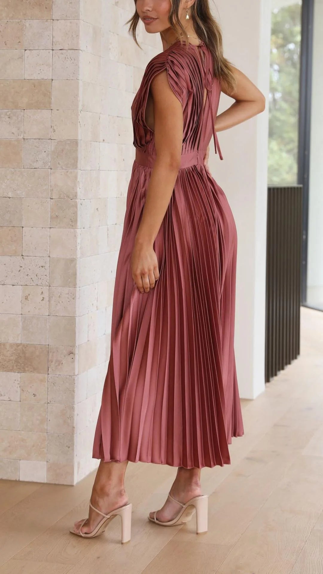 Women's draped V-neck pleated midi dress with cap sleeves, dusty rose, side view