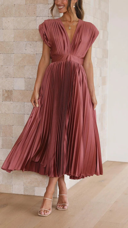 Women's draped V-neck pleated midi dress with cap sleeves, dusty rose, skirt in motion