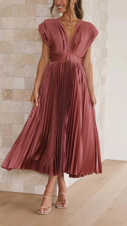 Women's draped V-neck pleated midi dress with cap sleeves, dusty rose, skirt in motion