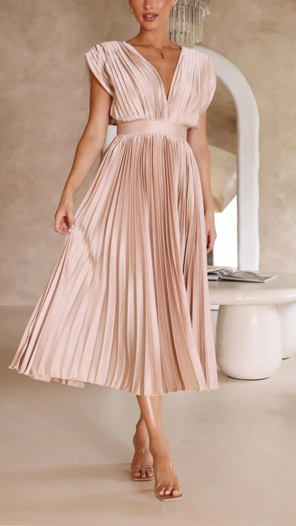 Women's draped V-neck pleated midi dress with cap sleeves, light pink, front view