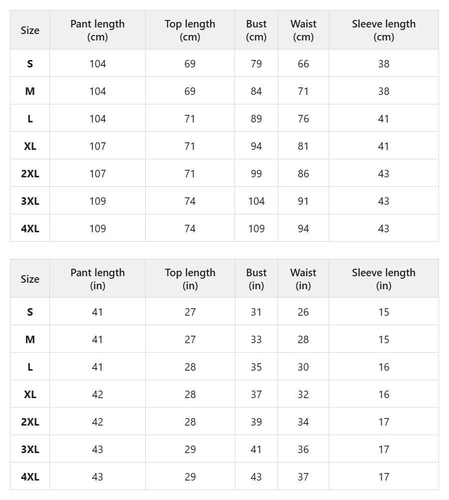 Size chart for draped wrap-front top and wide-leg pants set