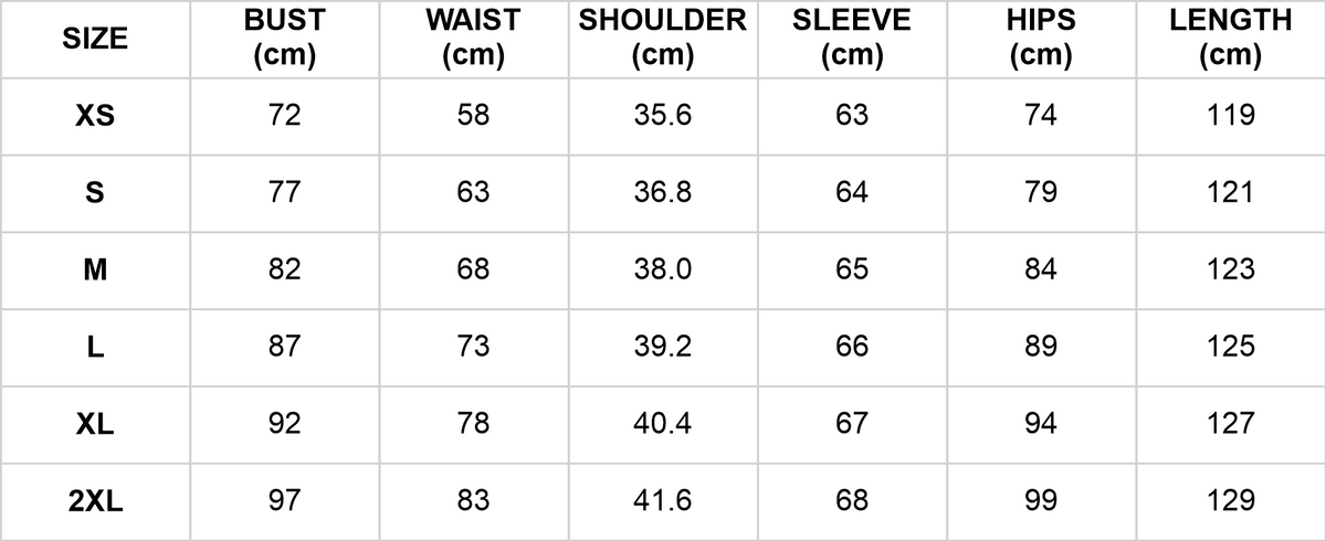 Size chart for the faux suede maxi dress with front zip and belt