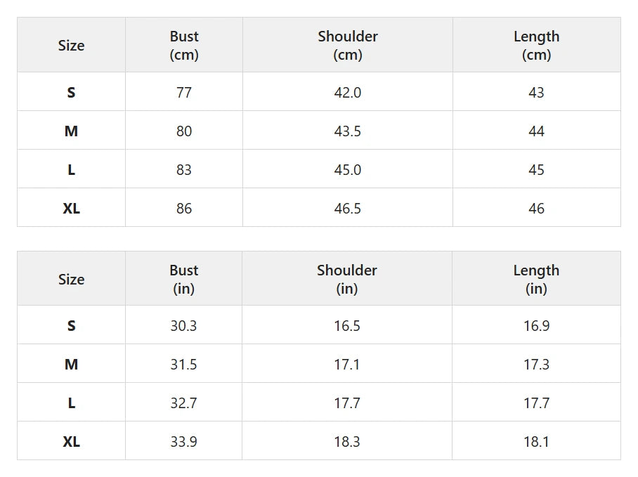 Size chart for fitted sequin top with open back