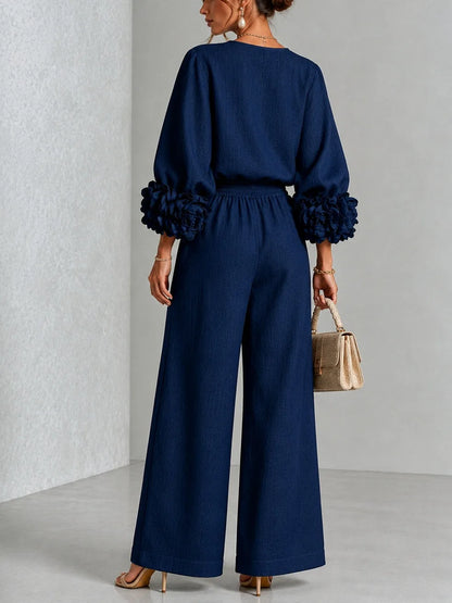 Women's floral cuff top and wide-leg pants set, navy, back view
