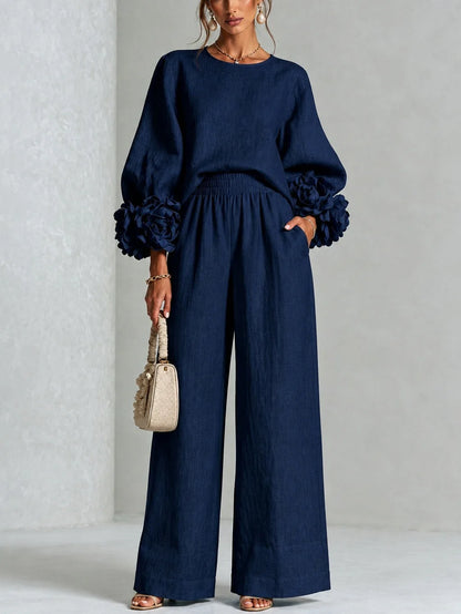 Women's floral cuff top and wide-leg pants set, navy, front view