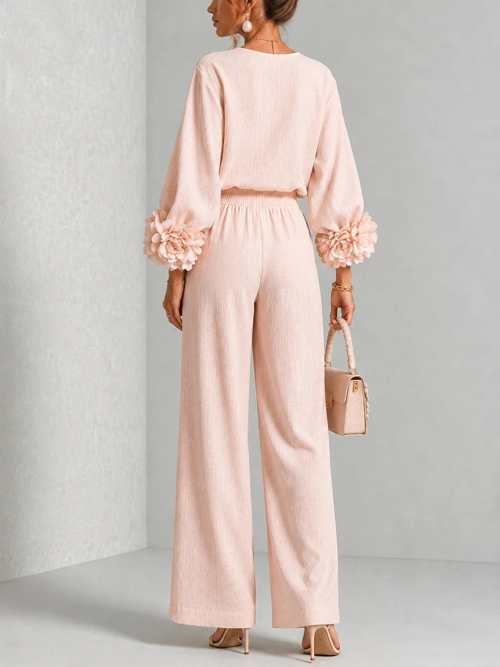 Women's floral cuff top and wide-leg pants set, pink, back view