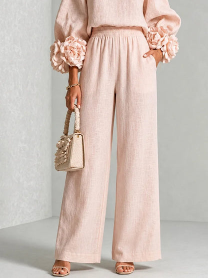 Women's floral cuff top and wide-leg pants set, pink, front view