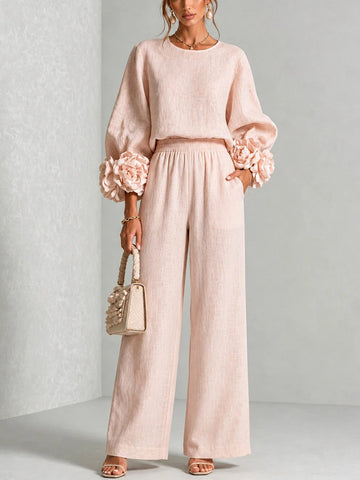Women's floral cuff top and wide-leg pants set, pink, front view