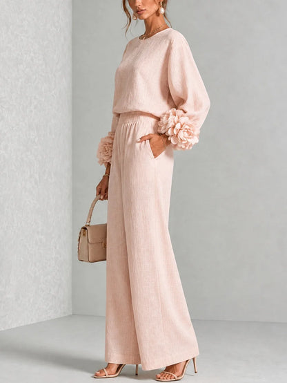 Women's floral cuff top and wide-leg pants set, pink, side view