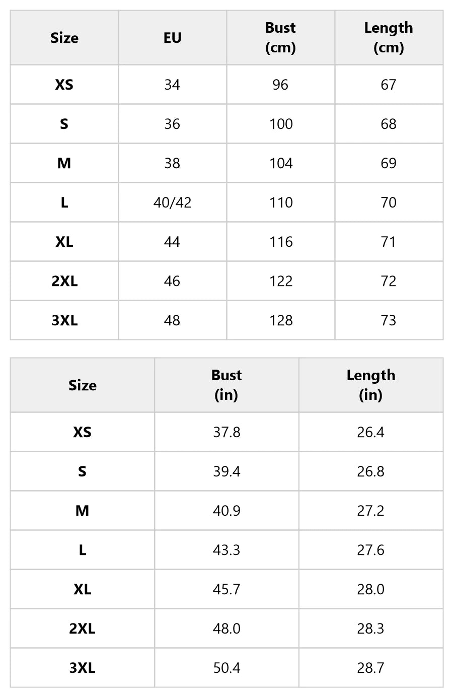 Size chart for the floral cuff top and wide-leg pants set