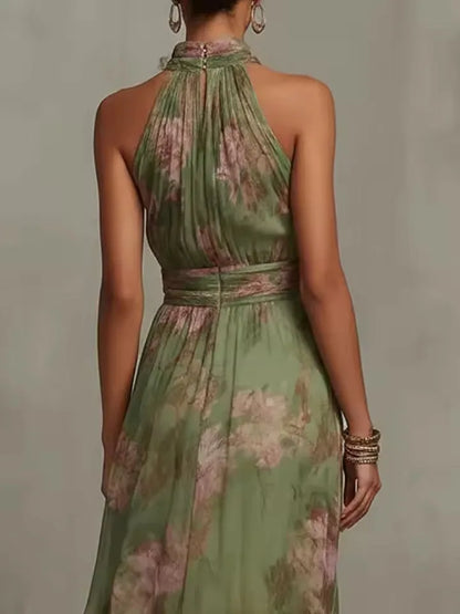 Women's floral halter maxi dress with gathered waist, back view